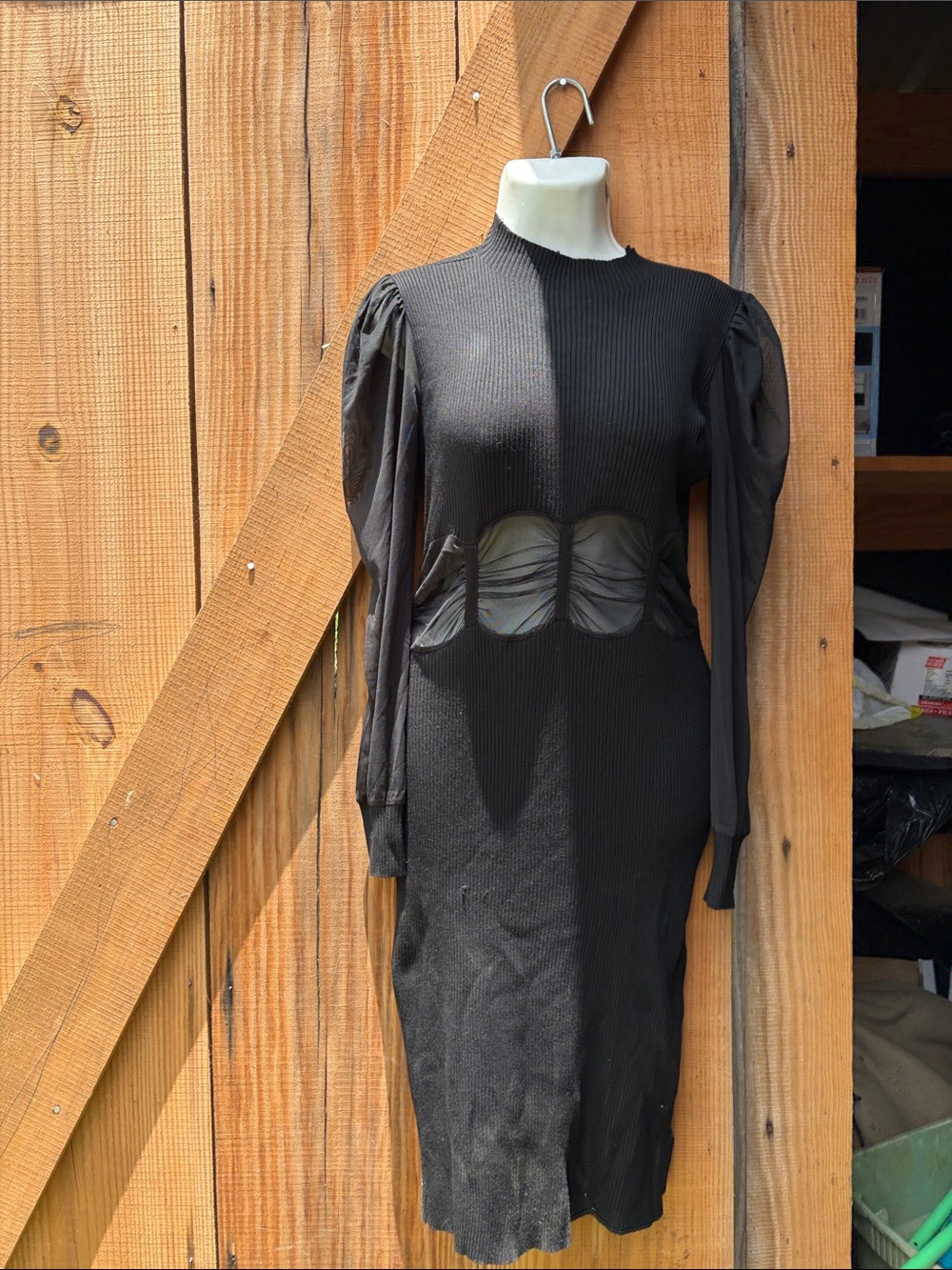Almost Famous Black Long-Sleeve Midi Dress with Sheer Waist Cutouts large